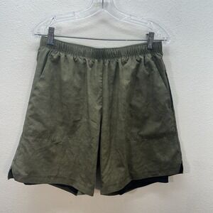 ASICS Men's Lined Running Shorts Olive Green Print Zip Pockets Sz M Athletic